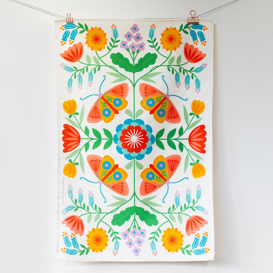 Moth & Floral White Tea Towel