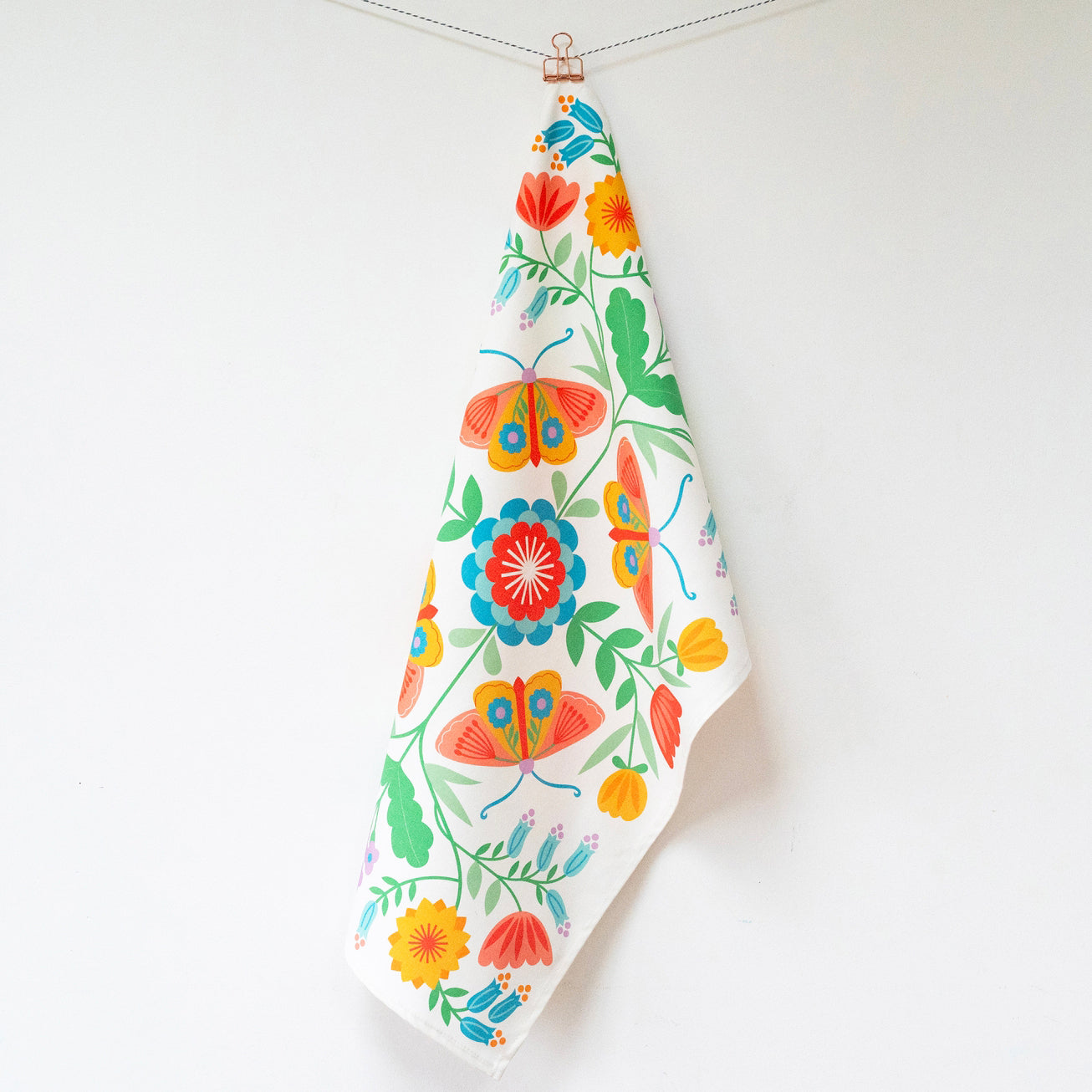 Moth & Floral White Tea Towel