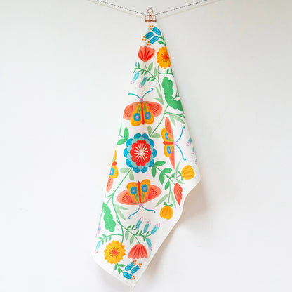 Moth & Floral White Tea Towel