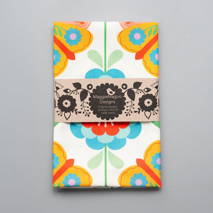 Moth & Floral White Tea Towel