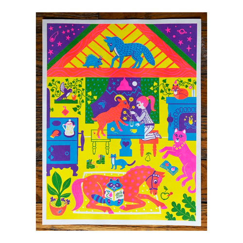 Colorado Cabin Girl with Animal Friends Print
