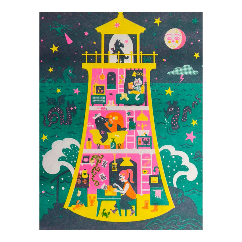 Lighthouse Cross-section with Sea Serpents Print