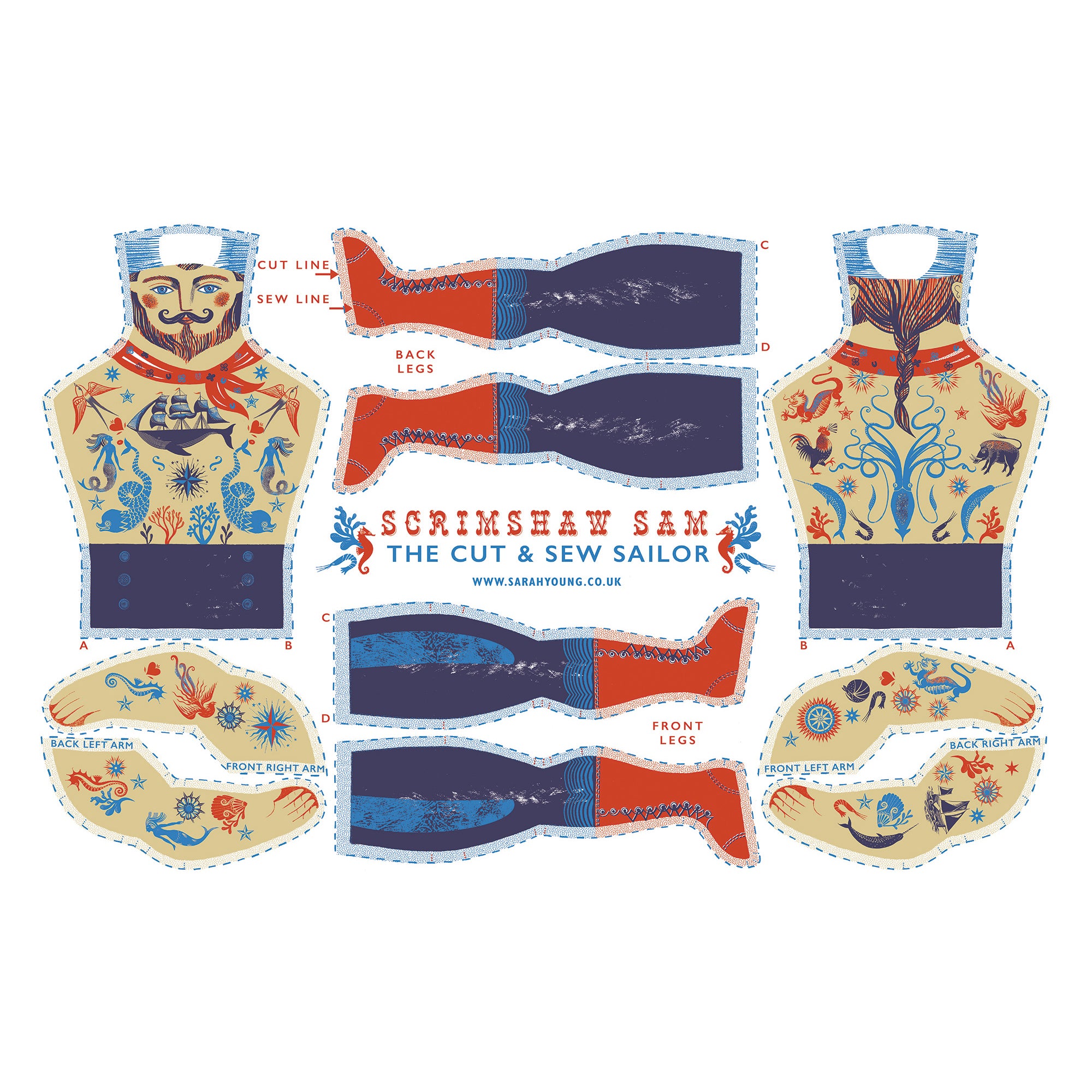 Scrimshaw Sam Tea Towel / Cut and Sew Kit - A silkscreen design