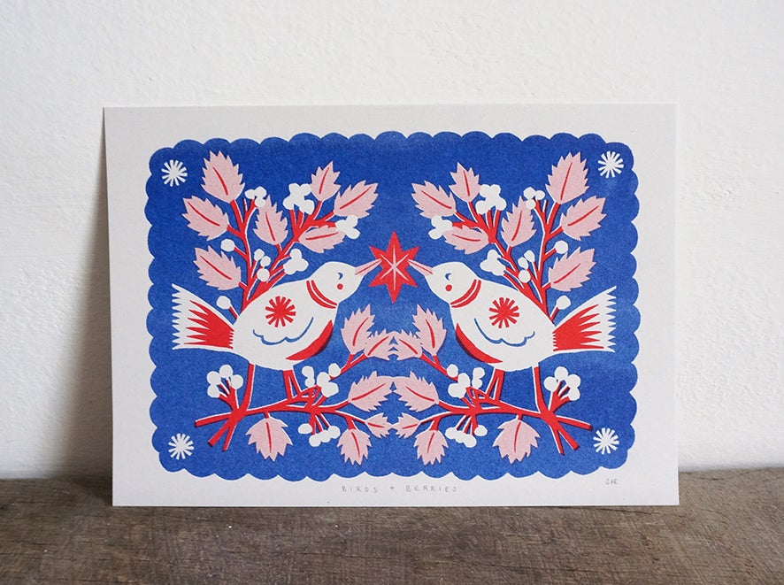 Birds + Berries Risograph Print