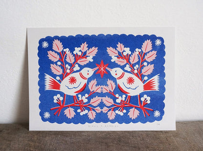 Birds + Berries Risograph Print
