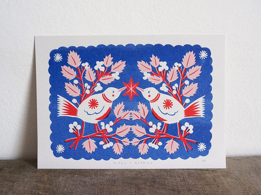Birds + Berries Risograph Print