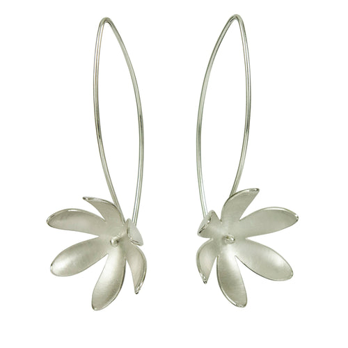 Daisy Front Facing Silver Long Wire Earrings