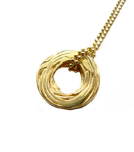 Load image into Gallery viewer, by Yuki Assiter  Pond Ripple inspired disc and a diamond cut ball chain necklace. Available in sterling silver and yellow gold.  Disk: approx.18mm diameter x 2.5mm height Chain: 1.2mm thickness, approx. 460mm length