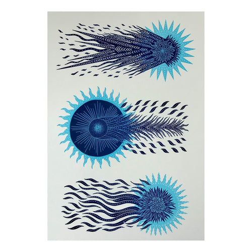 The Three Comets in Dark Blue on Light Blue Print