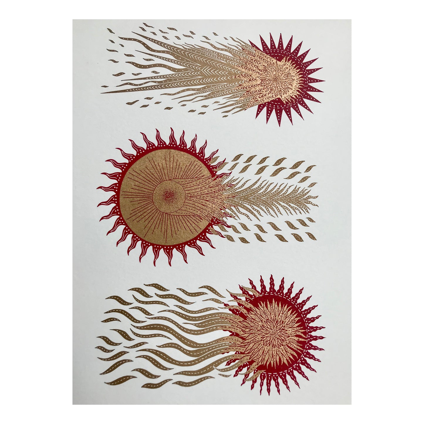 The Three Comets in Gold on Red Print