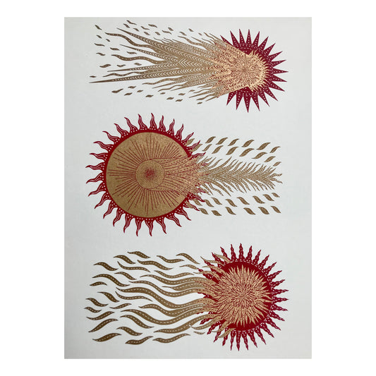 The Three Comets in Gold on Red Print