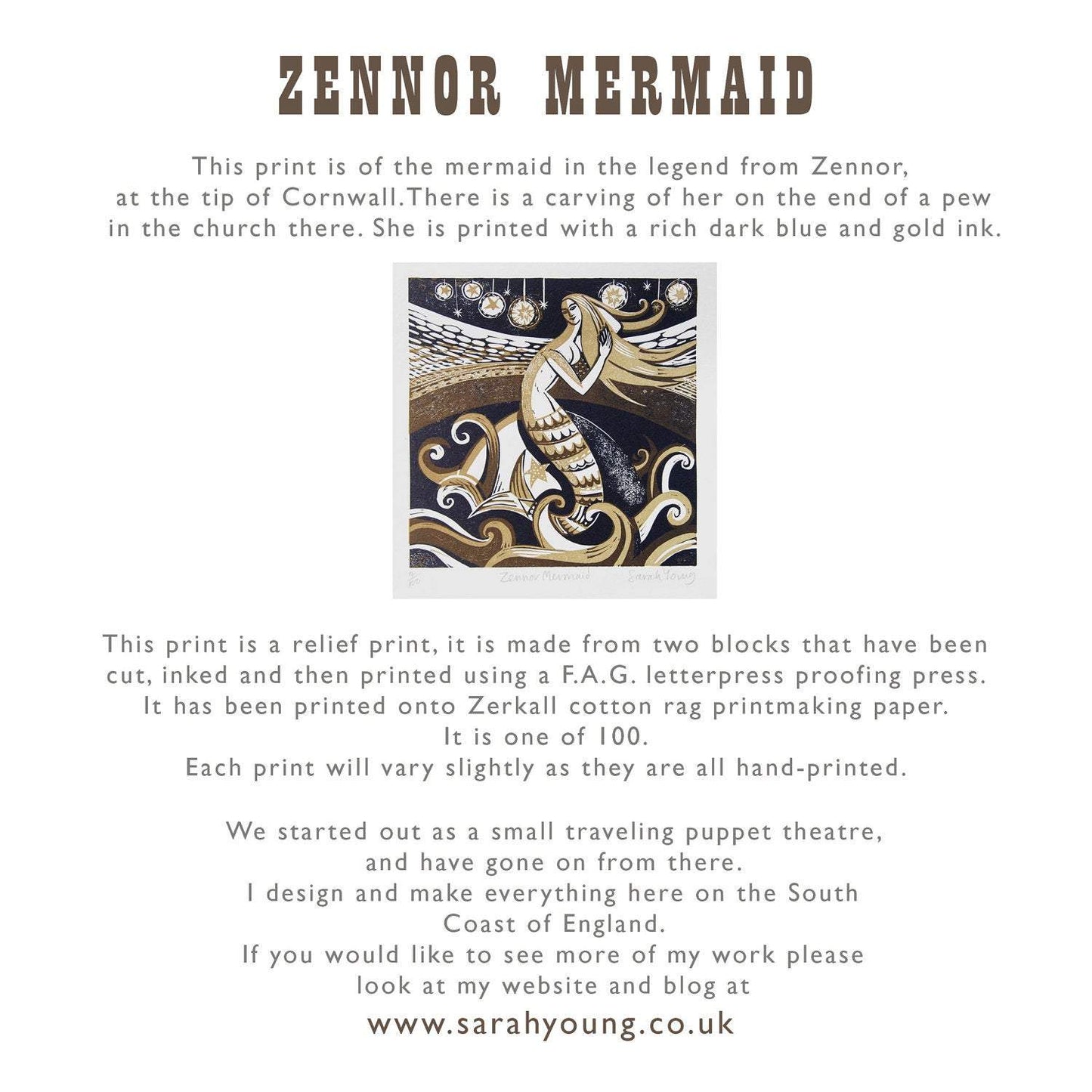 Zennor Mermaid - Relief / Letterpress Print