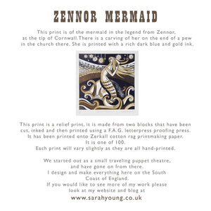 Zennor Mermaid - Relief / Letterpress Print