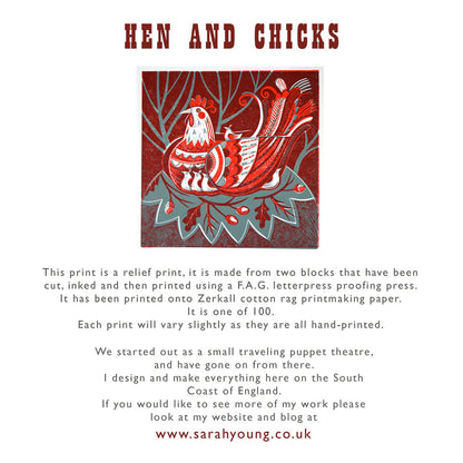 Hen and Chicks - Relief / Letterpress Print