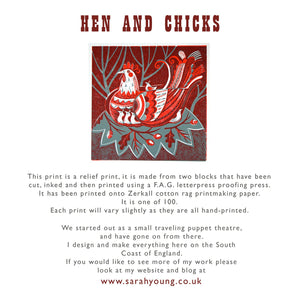 Hen and Chicks - Relief / Letterpress Print